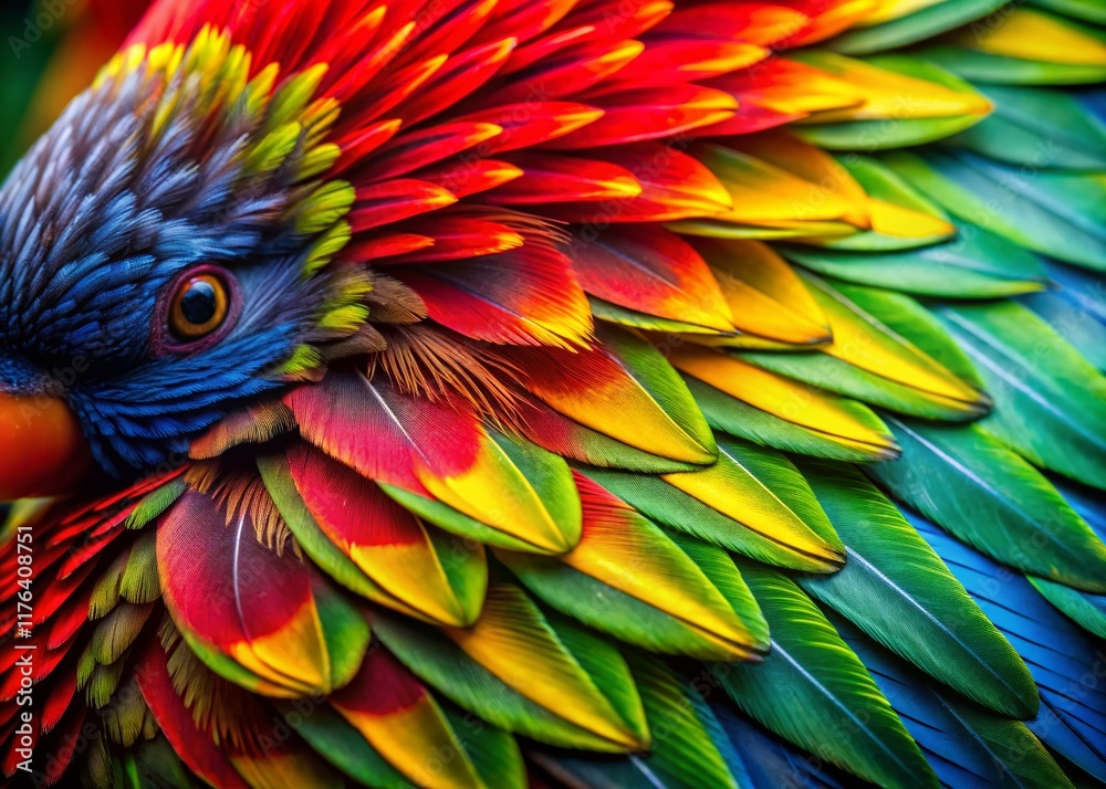 Fototapeta premium Vibrant Bird Feathers Close-Up: Red, Yellow, Green, Blue Plumage Texture