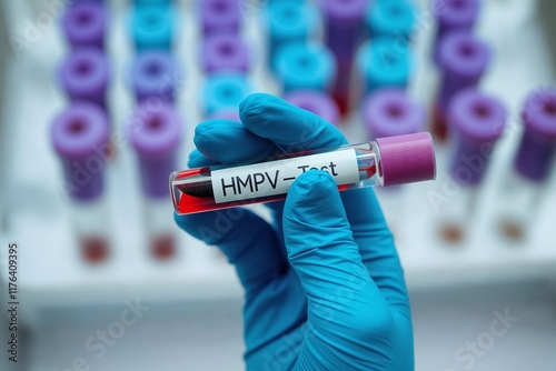 A gloved hand holds a vial labeled 'HMPV Test', surrounded by multiple sample vials in a laboratory setting. photo