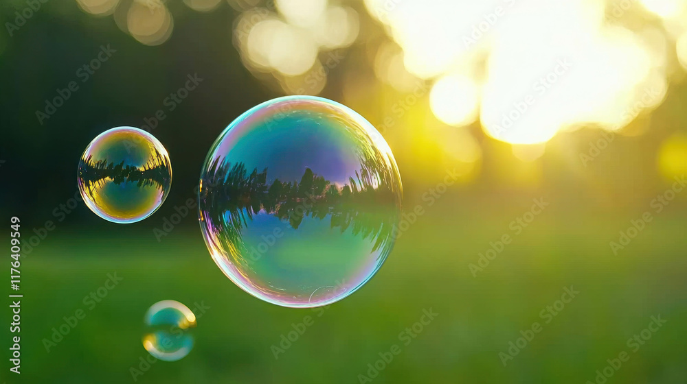 Close-Up View of Vibrant Soap Bubbles with a Beautiful Nature Background Close-Up View of Vibrant Soap Bubbles with a Beautiful Nature Background