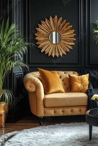 Wallpaper Mural Art deco style interior design of modern living room with black wall and golden decor pieces. --ar 2:3 --s 250 --style raw Torontodigital.ca