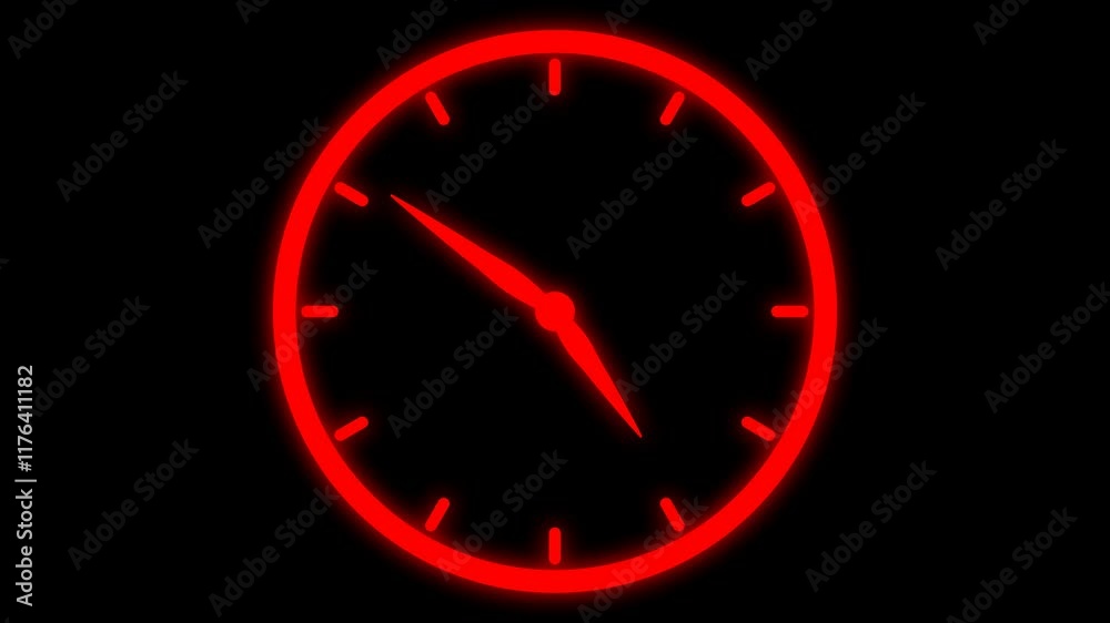 Red Clock, Watch Animated Icon, sign, Symbol Representing 12 Hours Time lap 4k resolution Alpha Channel included