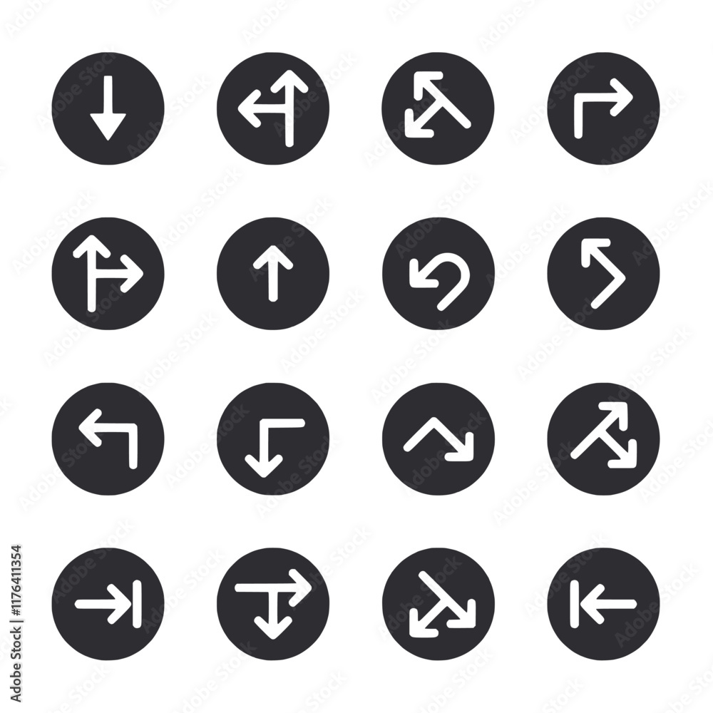 A set of black and white arrows with different angles and directions A set of black and white arrows with different angles and directions