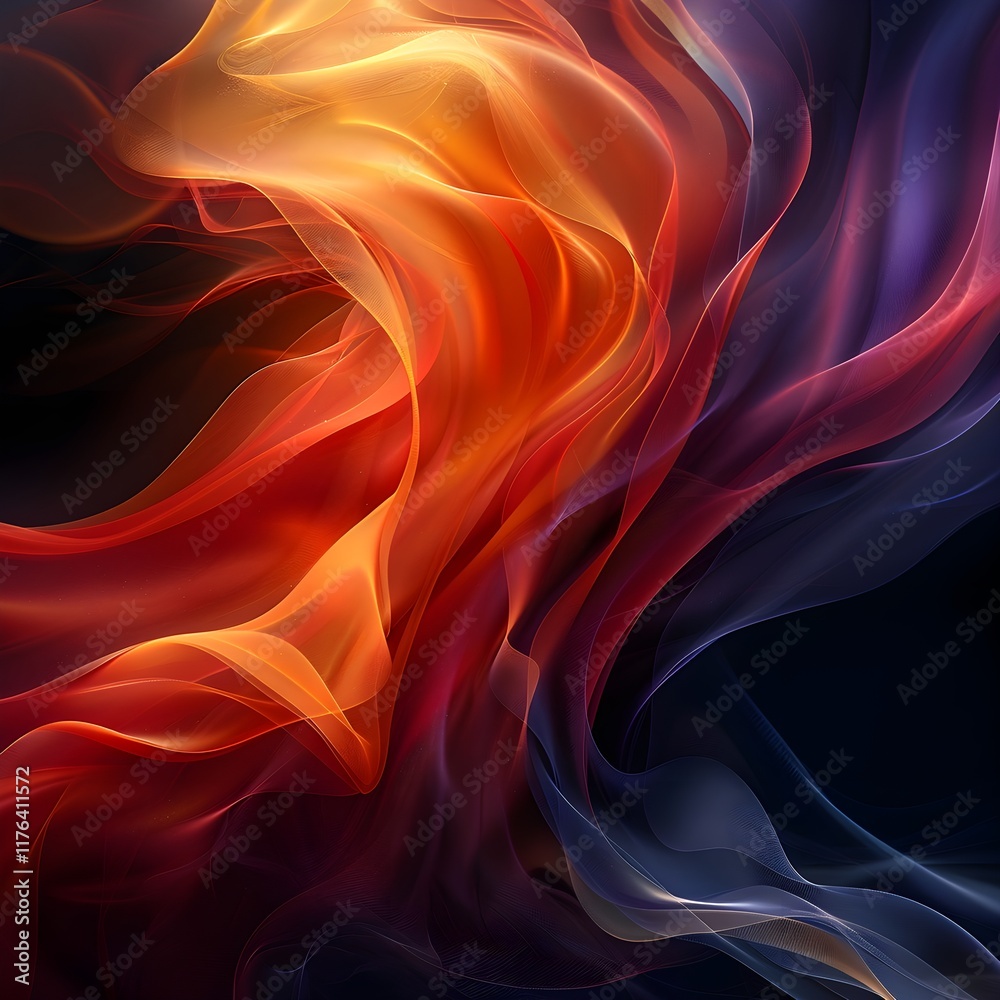 Obraz premium Abstract fluid shapes, fiery orange and red swirls, deep purple waves, cosmic energy, smooth flowing lines, vibrant color gradient, ethereal smoke-like textures, dark background, dynamic movement