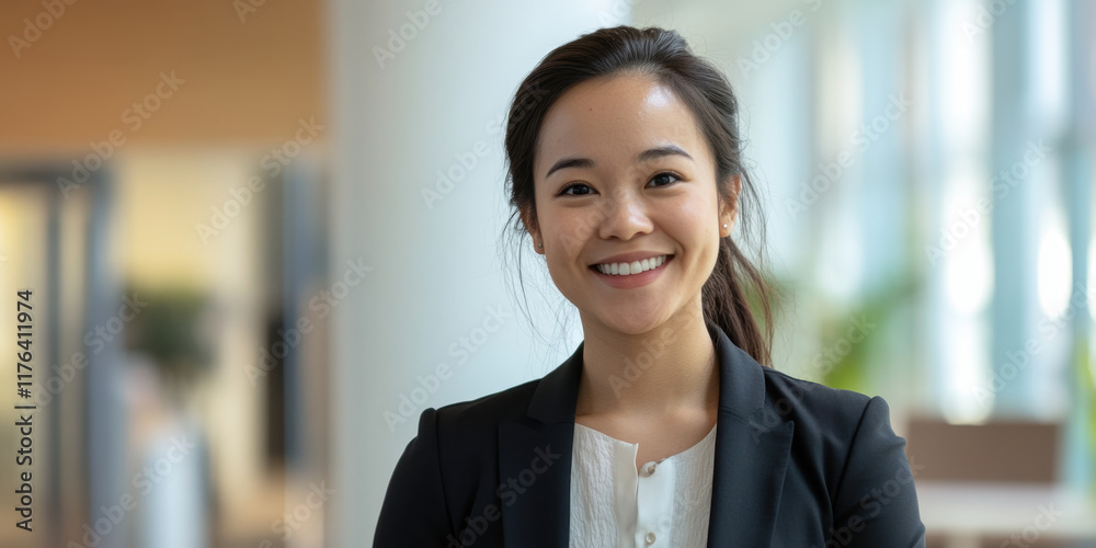 confident woman in business attire smiles warmly in modern office setting, showcasing professionalism and approachability. Her positive demeanor enhances inviting atmosphere confident woman in business attire smiles warmly in modern office setting, showcasing professionalism and approachability. Her positive demeanor enhances inviting atmosphere
