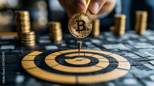 Hand placing Bitcoin on spiral target, coins background.