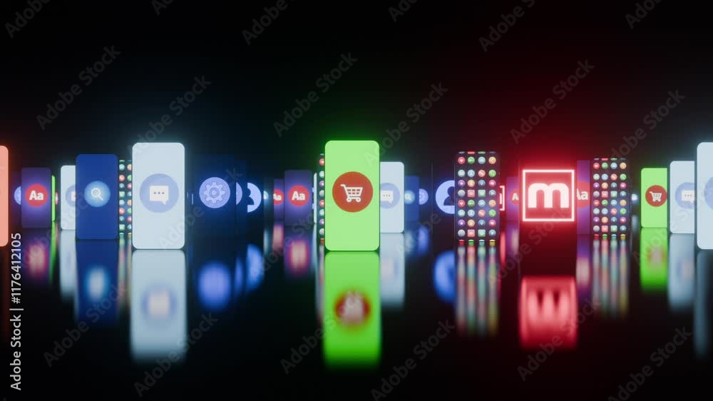Touchscreen Smartphones Mobile phones Placed vertically on a glossy shiny reflective surface with each one showing the screen of a mock fake app