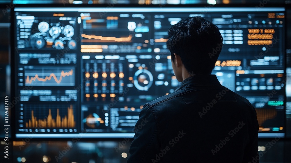 Man reviewing data on a large screen. Man reviewing data on a large screen.
