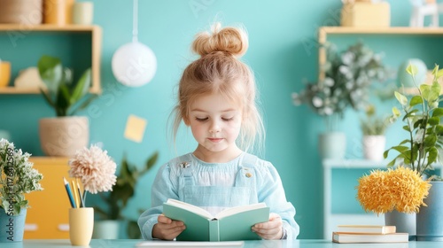 Young girl engrossed in a book, surrounded by plants and soft light. A scene of quiet focus and joy. photo