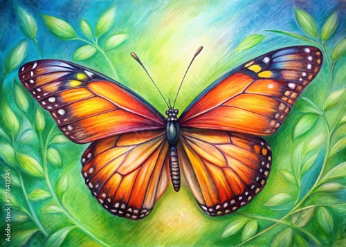 Vibrant Color Butterfly Drawing, Rule of Thirds Composition, Artistic Insect Illustration