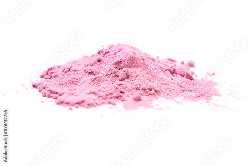 A pile of mixed berry powder scattered isolated on white background.