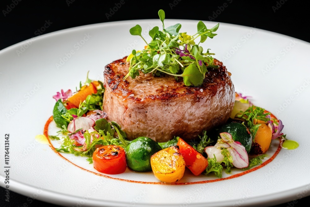 Seared Steak with Microgreens and Vegetables: A mouthwatering, perfectly seared steak, cooked to juicy perfection, is nestled on a bed of vibrant microgreens and colorful vegetables. Seared Steak with Microgreens and Vegetables: A mouthwatering, perfectly seared steak, cooked to juicy perfection, is nestled on a bed of vibrant microgreens and colorful vegetables.