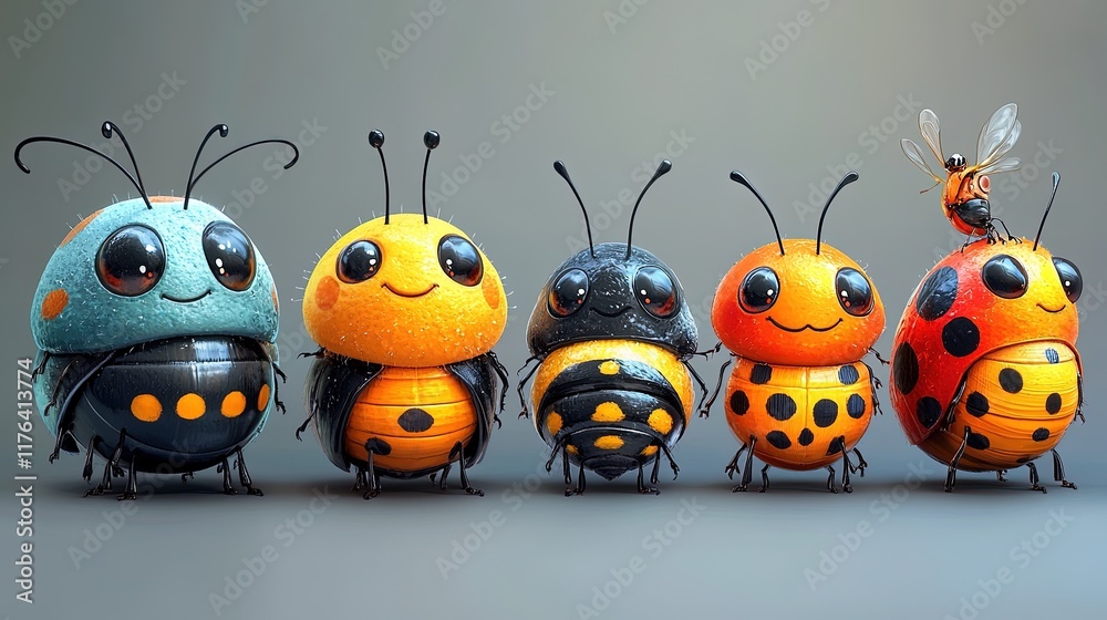Fototapeta premium A colorful collection of cartoonish, friendly bugs with big eyes and cheerful expressions.
