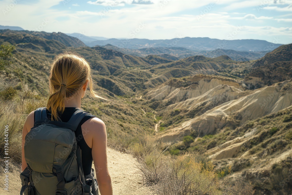A contemplative hiker pausing on a trail to admire the vast mountain landscape stretching out before her. A contemplative hiker pausing on a trail to admire the vast mountain landscape stretching out before her.
