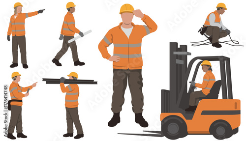 Construction Workers Vector Flat Illustration Set Isolated On A White Background.