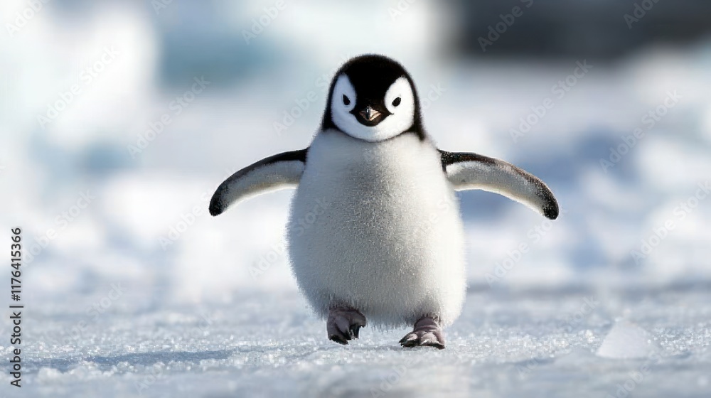 Fototapeta premium A cute penguin chick waddles across icy terrain, showcasing its fluffy appearance and playful nature.