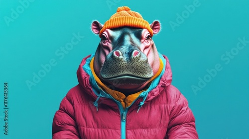 Modern and minimalist poster featuring a vibrant hippopotamus in winter clothing, contrasted against a clean solid blue background photo