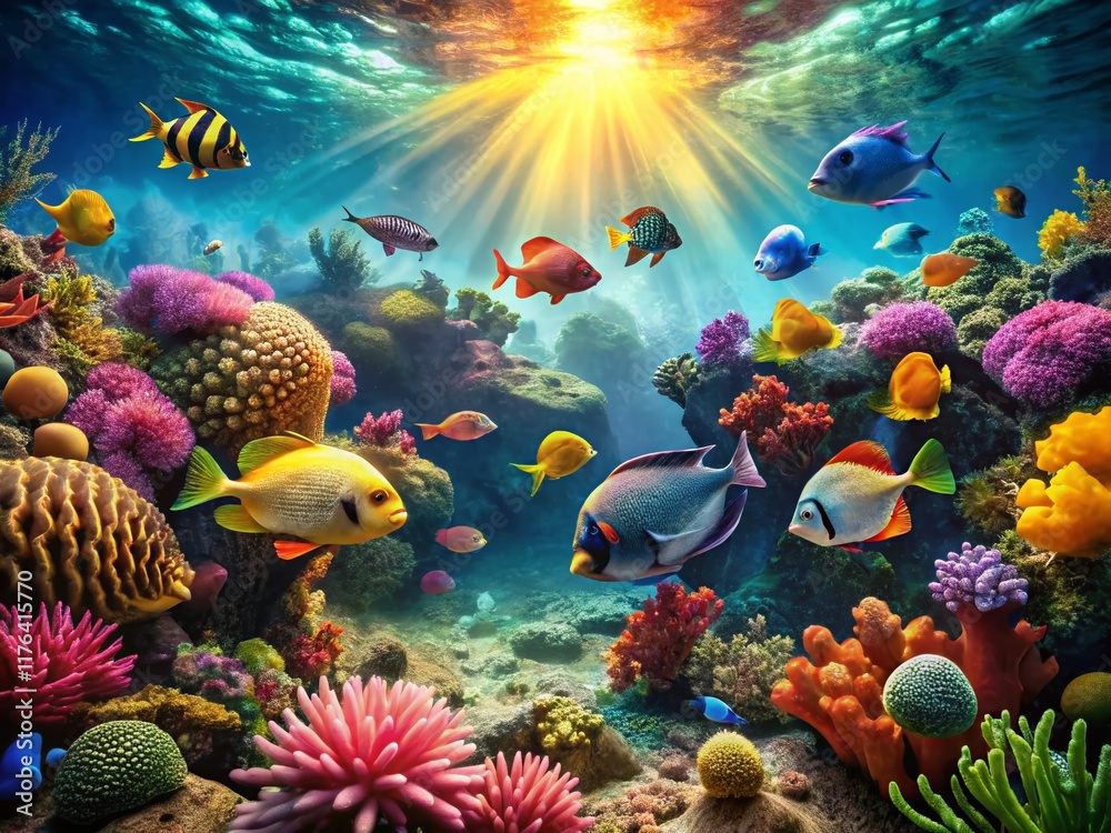 Naklejka premium Vibrant Coral Reef Aquarium: Colorful Fish & Tropical Scene Stock Photo