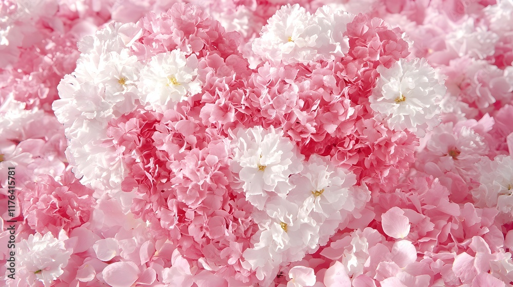 Fototapeta premium Pink and White Flowers Arranged in Heart Shape Romantic Floral Background Spring Blossoms