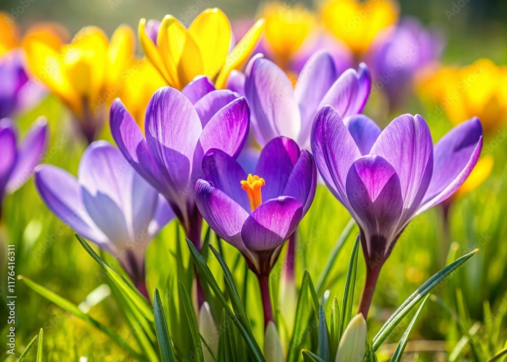 Vibrant Crocus Flowers Blooming in Spring Grass - Isolated Stock Photo Vibrant Crocus Flowers Blooming in Spring Grass - Isolated Stock Photo