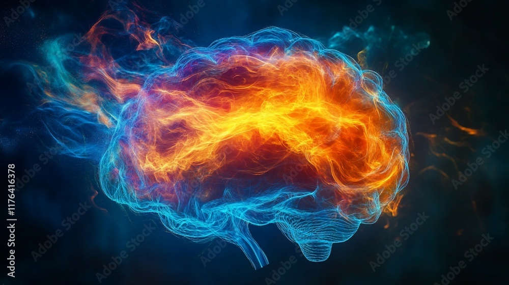 Fototapeta premium Fiery, abstract brain in blue and orange flames.