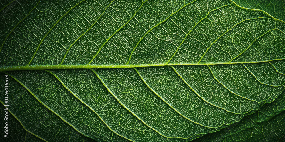 Obraz premium close up view of green leaf texture showcasing intricate veins and patterns, highlighting beauty of nature. This captures essence of organic design and natural elements