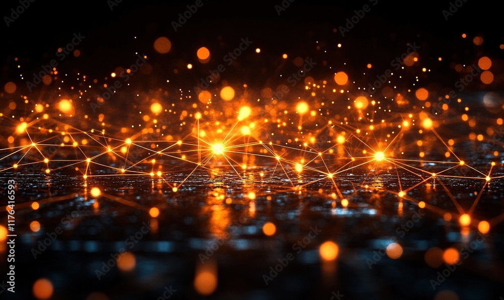 Fototapeta premium A digital landscape featuring glowing orange particles interconnected by lines, representing data or network connections.