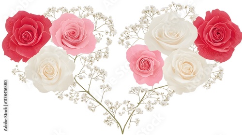 Romantic Heart Shaped Arrangement of Pink Red and White Roses with Baby s Breath