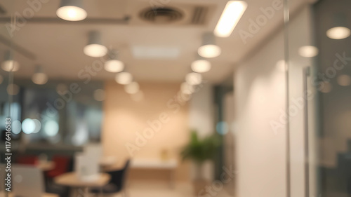 a blurry photo of a glass wall in an office building with a desk and chairs in the background, Enguerrand Quarton, institutional critique, dof, a stock photo photo