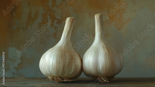 Close-up of two garlic heads sitting together on a rustic wooden surface, showcasing natural texture and detail, ideal for culinary, cooking, and organic ingredient themes photo