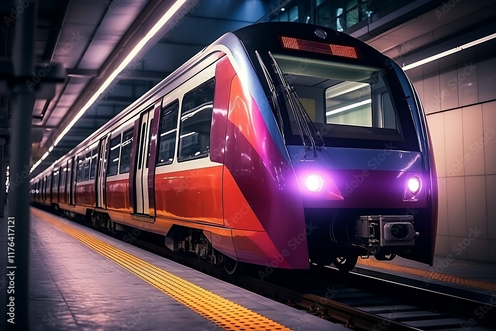 Fototapeta premium Modern train at a station, showcasing sleek design and lighting.