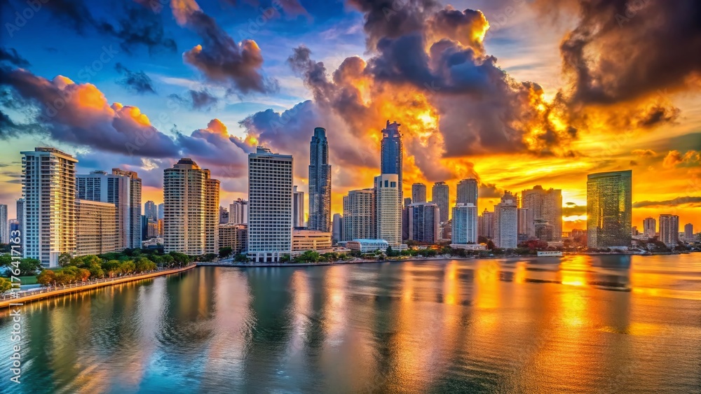 Fototapeta premium Vibrant Downtown Miami Panorama: HDR Cityscape at Sunset