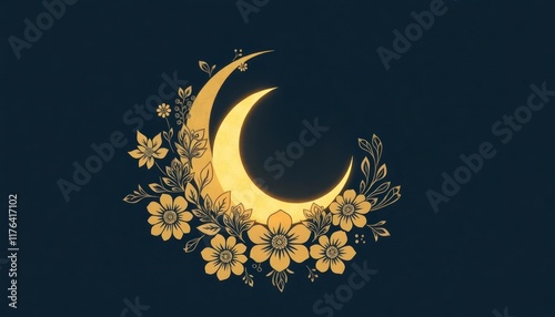 Crescent moon emits a warm yellow glow, enhancing its prominence in the composition. The intricate flowers and leaves