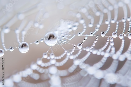 Closeup of a spiderweb glistening with morning dew. Water droplets cling to the delicate silk threads, creating a beautiful, intricate pattern. Natures artistry. photo