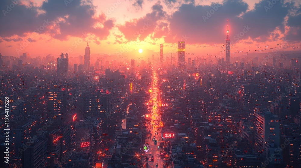 Fototapeta premium A vibrant cityscape at sunset, showcasing skyscrapers and bustling streets filled with lights.