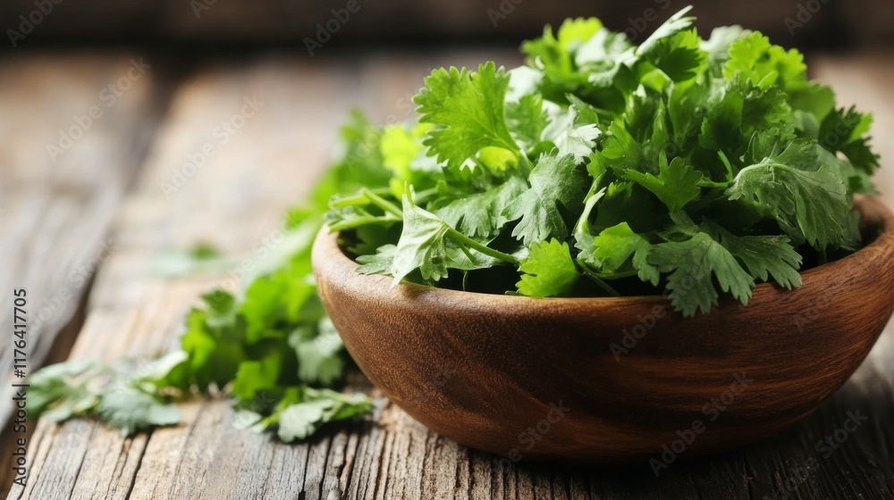 Fresh green cilantro herb bunch with vibrant leaves on a rustic wooden surface, perfect for culinary uses, natural food ingredients, and organic kitchen themes Fresh green cilantro herb bunch with vibrant leaves on a rustic wooden surface, perfect for culinary uses, natural food ingredients, and organic kitchen themes