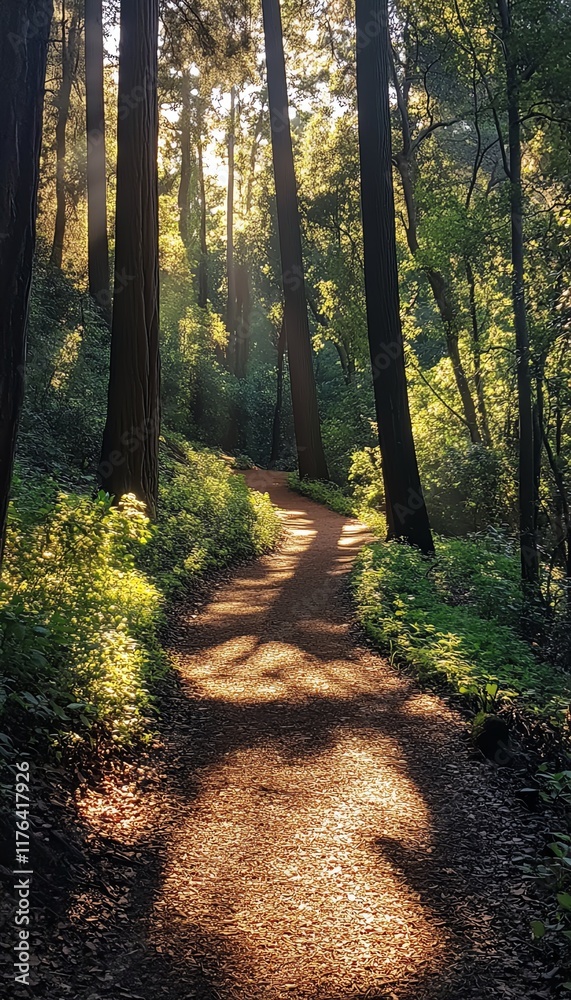 Obraz premium Sunlit forest path surrounded by towering trees and lush greenery.