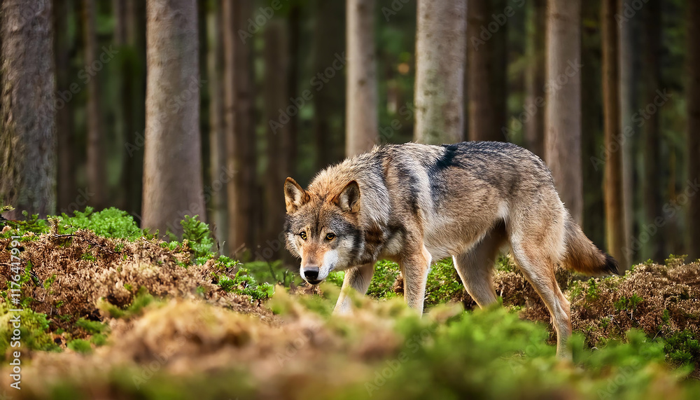 A solitary wolf walks through a lush forest, surrounded by trees and greenery, showcasing its natural habitat.