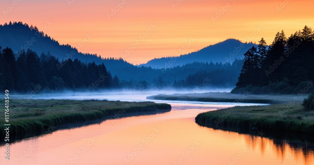 Fototapeta premium Serene River Landscape at Dawn with Mist and Colorful Sky