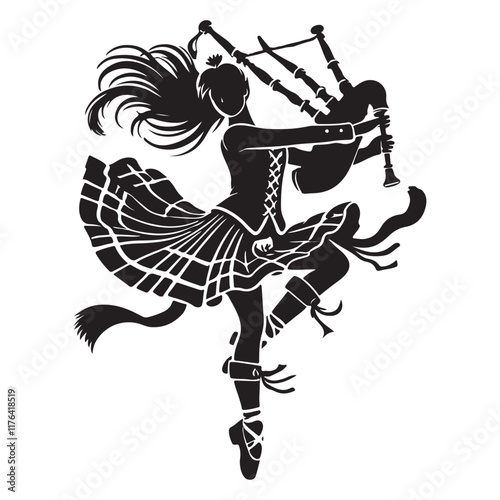 Scottish Dance Silhouette Vector Illustration, Solid White Background.