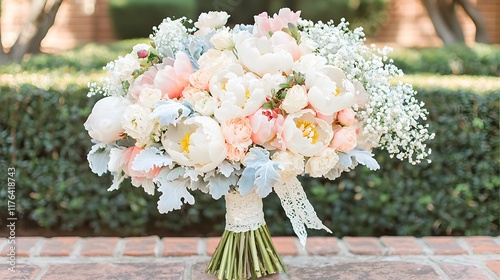 Elegant Bridal Bouquet Peach White Peonies Baby s Breath and Dusty Miller Flowers photo