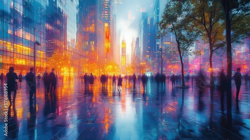 A vibrant cityscape at dusk, with blurred figures amidst colorful lights and reflections on wet pavement.