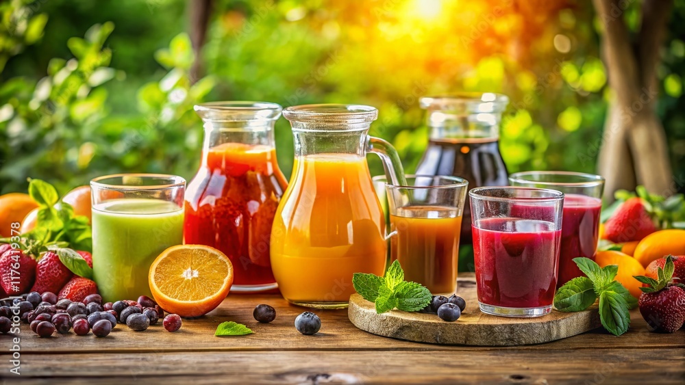 Vibrant Fresh Juice Bar Table - Colorful Summer Drinks Vibrant Fresh Juice Bar Table - Colorful Summer Drinks