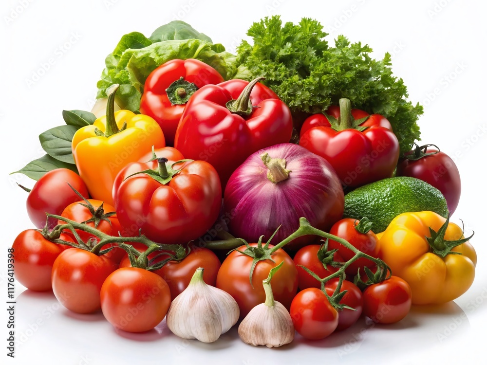 Vibrant Fresh Produce: Tomatoes, Fruits & Vegetables on White Vibrant Fresh Produce: Tomatoes, Fruits & Vegetables on White