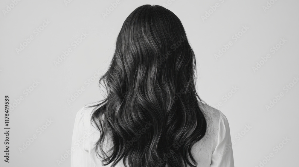 Obraz premium Long sleek wavy hair of woman viewed from back, showcasing smooth texture and elegant style. simplicity of background enhances hair beauty