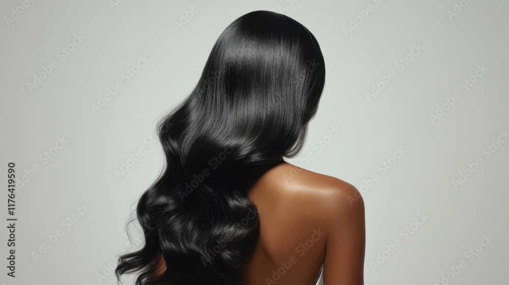 Long sleek wavy hair cascades down woman back, showcasing smooth and shiny texture. image captures elegance and beauty in minimalist style Long sleek wavy hair cascades down woman back, showcasing smooth and shiny texture. image captures elegance and beauty in minimalist style