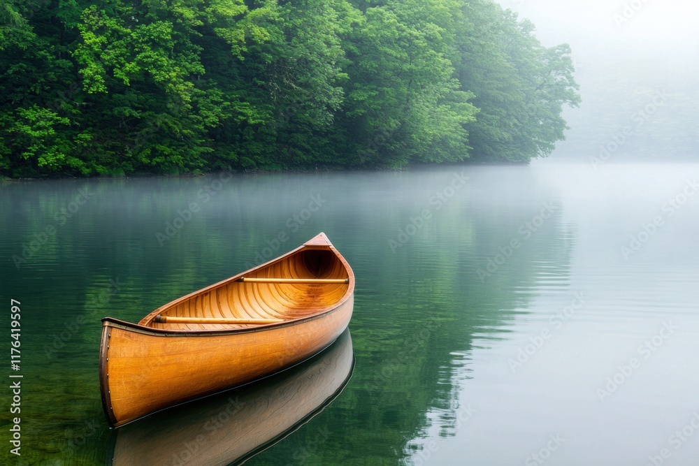 Serene Canoe Floating on Calm Water Amidst Lush Green Trees Serene Canoe Floating on Calm Water Amidst Lush Green Trees
