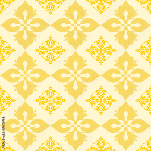 Yellow florals damask classic traditional design, seamless pattern, vector illustration. Design for elaborated borders, ceramic pottery, tiles, and clothing.
