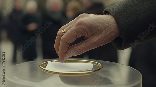 Person placing a ballot in a donation box. photo