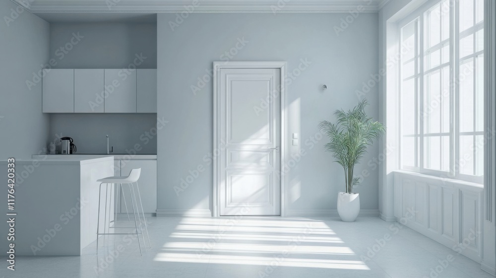 Fototapeta premium a white kitchen with a white door and a white counter