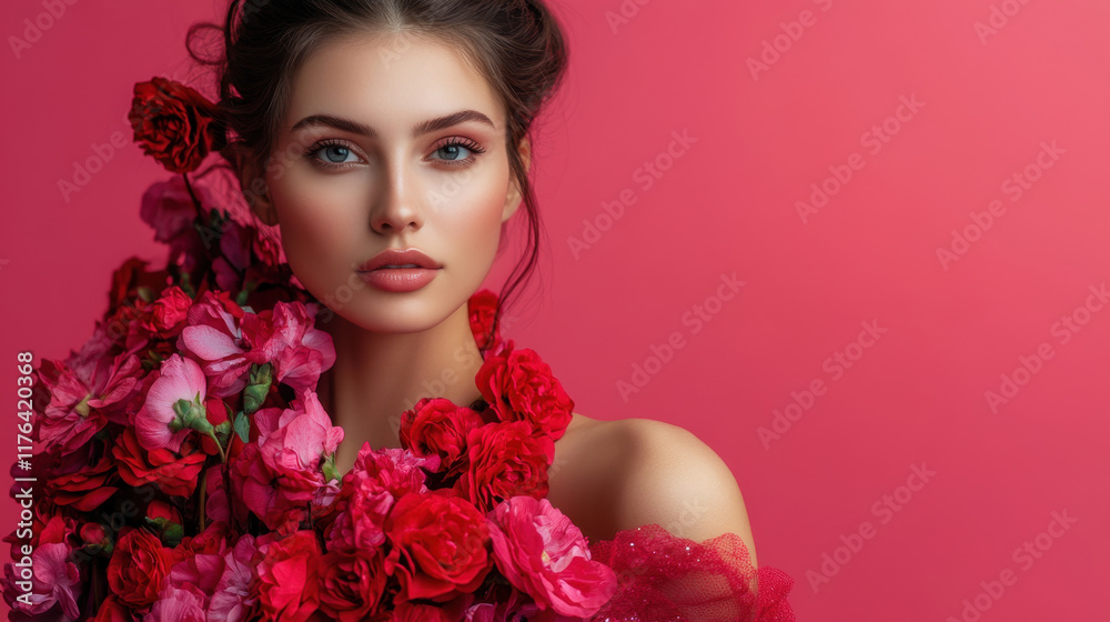 beautiful woman with striking features surrounded by vibrant pink and red roses, exuding elegance and charm against pink background. Her expression is captivating and serene beautiful woman with striking features surrounded by vibrant pink and red roses, exuding elegance and charm against pink background. Her expression is captivating and serene